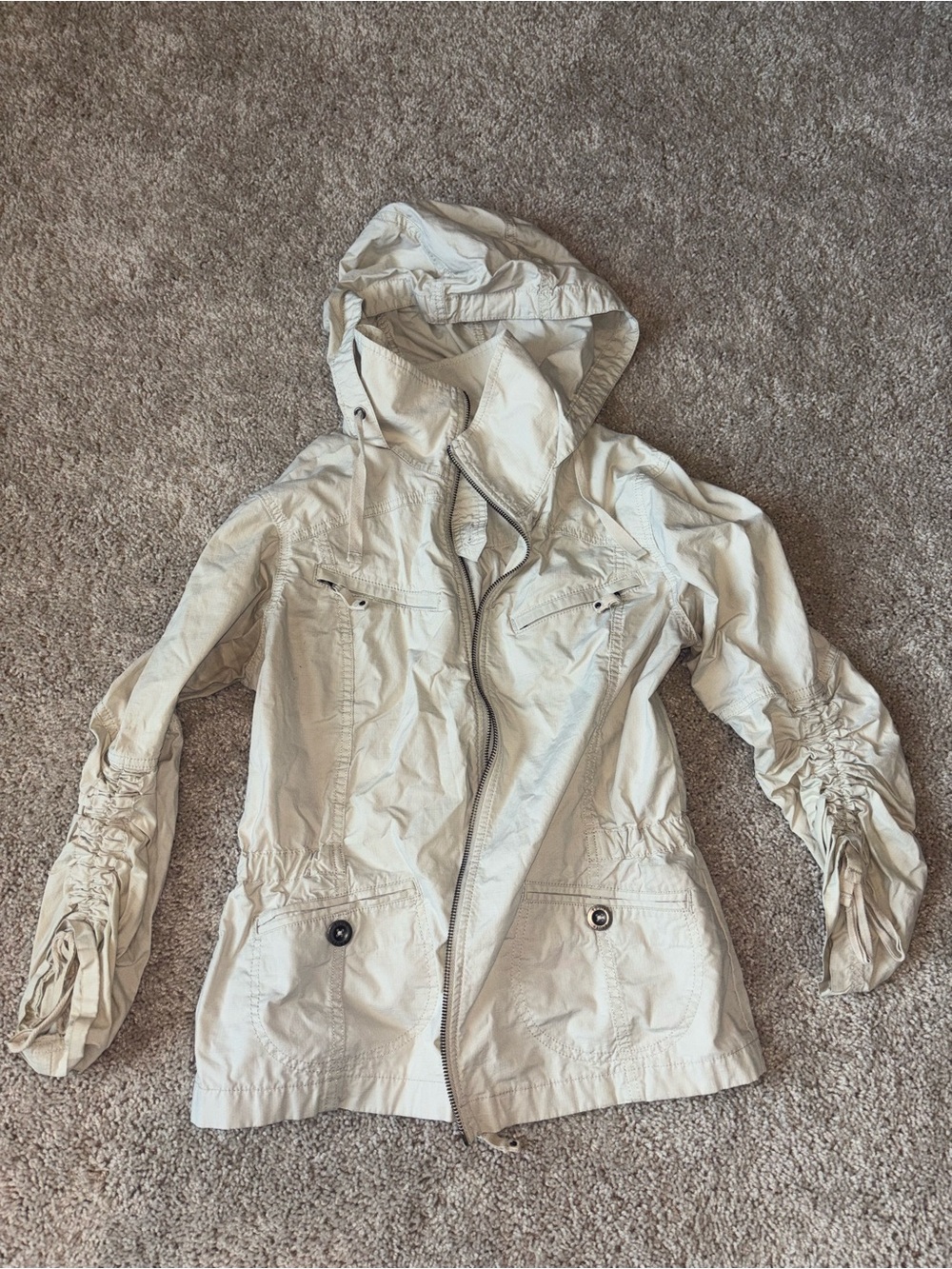 Eddie Bauer Cream Hooded Utility Jacket Ruched Scrunch Sleeve Gorpcore M